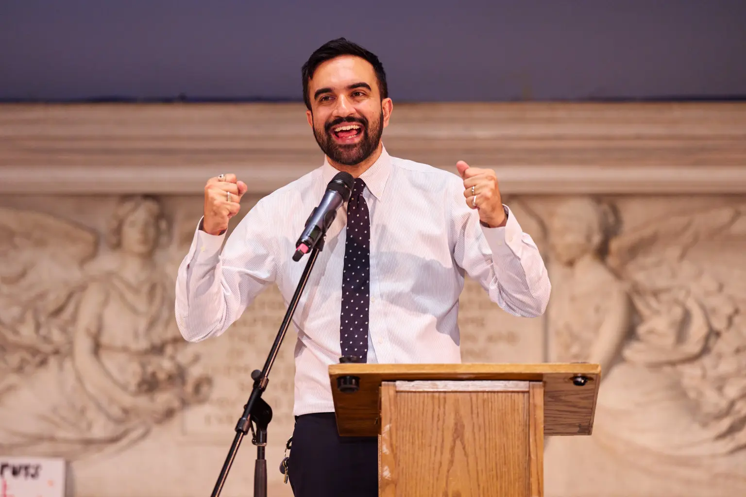 Zohran Mamdani speaking at a campaign event in New York City, 2025.